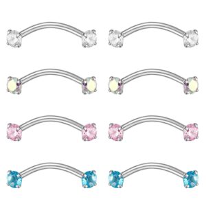 ZS 8PCS 16G Stainless Steel Cubic Zirconia Curved Barbell Eyebrow Ring Daith Earring Rook Piercing (Round, Barbell length:3/8"(10mm))