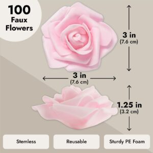 100 Pack Light Pink Artificial Flowers, Bulk Stemless Fake Foam Roses for Wedding, Decorations, Bouquets (3 in)