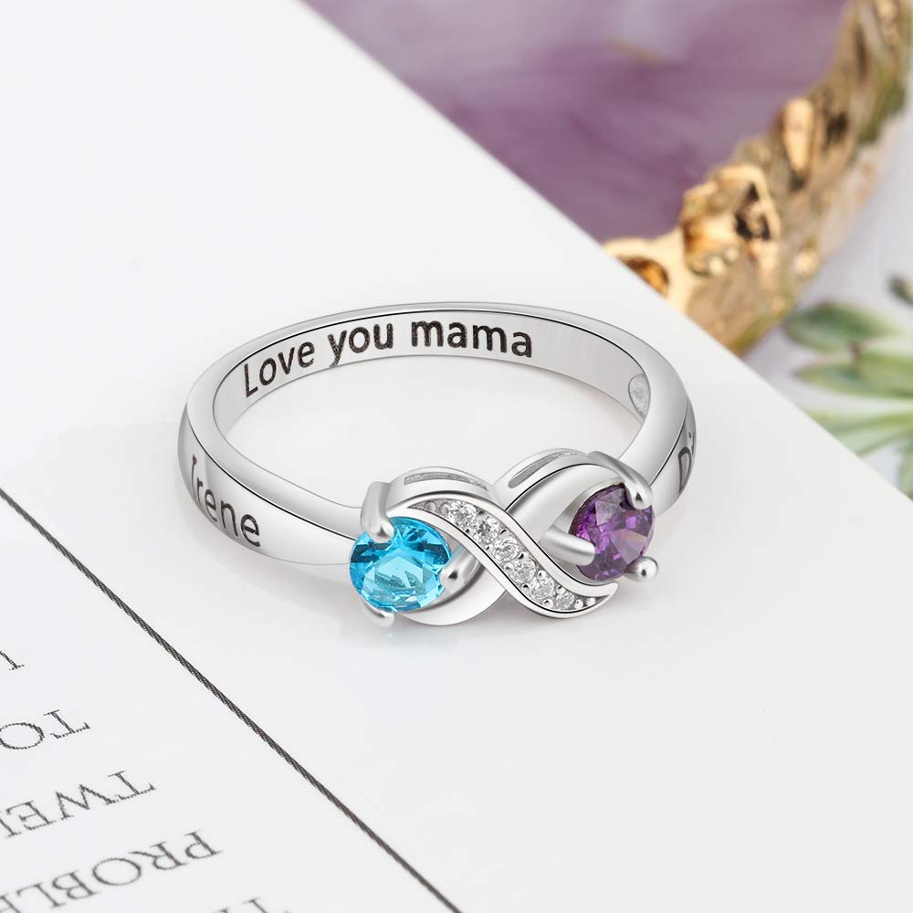 925 Sterling Silver Personalized Infinity Mothers Rings with 2 Round Simulated Birthstones Custom Engraved Engagement Promise Rings for Women (9)