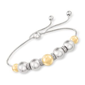 ross-simons 6-8mm sterling silver and 14kt yellow gold bead bolo bracelet with .24 ct. t.w. diamonds