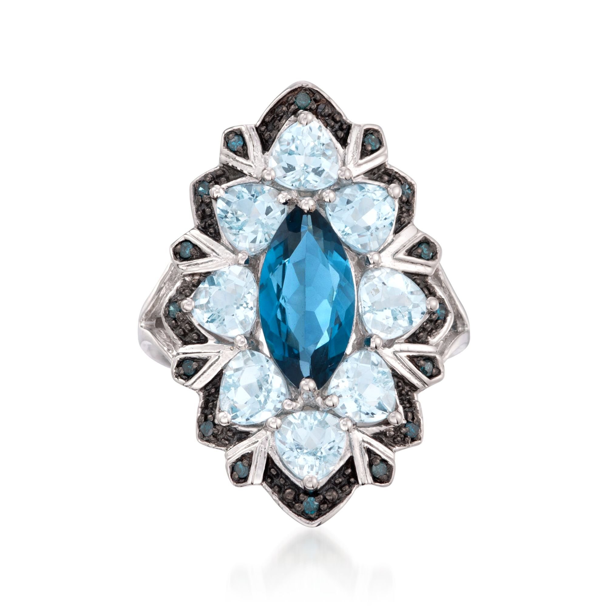 Ross-Simons 2.20 Carat London Blue Topaz and 2.50 ct. t.w. Aquamarine Ring With Blue Diamonds in Sterling Silver. Size 5