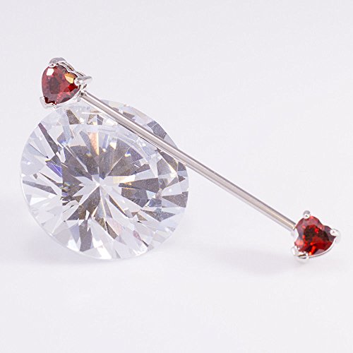 Industrial Barbell with Front Facing Heart Shape Garnet Cubic Zirconia Ends Stainless Steel Earring Cartilage Body Piercing Jewelry, 14G.