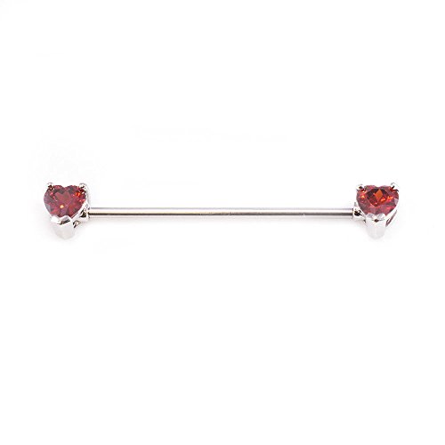 Industrial Barbell with Front Facing Heart Shape Garnet Cubic Zirconia Ends Stainless Steel Earring Cartilage Body Piercing Jewelry, 14G.