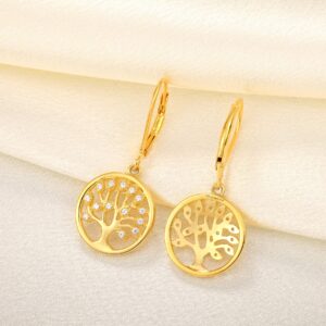 JO WISDOM 925 Sterling Silver Family Gold Tree of Life Drop & Dangle Leverback Earrings