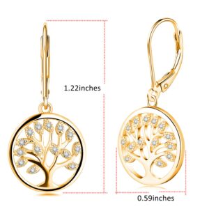 JO WISDOM 925 Sterling Silver Family Gold Tree of Life Drop & Dangle Leverback Earrings