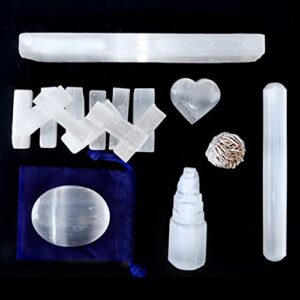 DANCING BEAR Selenite Protection Collection (22 pc Set): 12-15 Sticks (1.5-2”), Palm Stone, Heart, Tower, 8" Stick, 5.5" Massage Wand, and Desert Rose