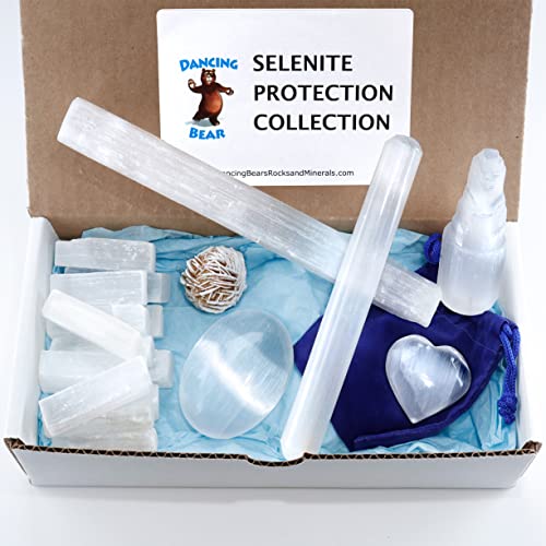 DANCING BEAR Selenite Protection Collection (22 pc Set): 12-15 Sticks (1.5-2”), Palm Stone, Heart, Tower, 8" Stick, 5.5" Massage Wand, and Desert Rose