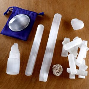 DANCING BEAR Selenite Protection Collection (22 pc Set): 12-15 Sticks (1.5-2”), Palm Stone, Heart, Tower, 8" Stick, 5.5" Massage Wand, and Desert Rose