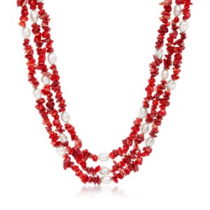 ross-simons 4-9mm red coral bead and 7-8mm cultured pearl 3-strand necklace with sterling silver. 17.5 inches