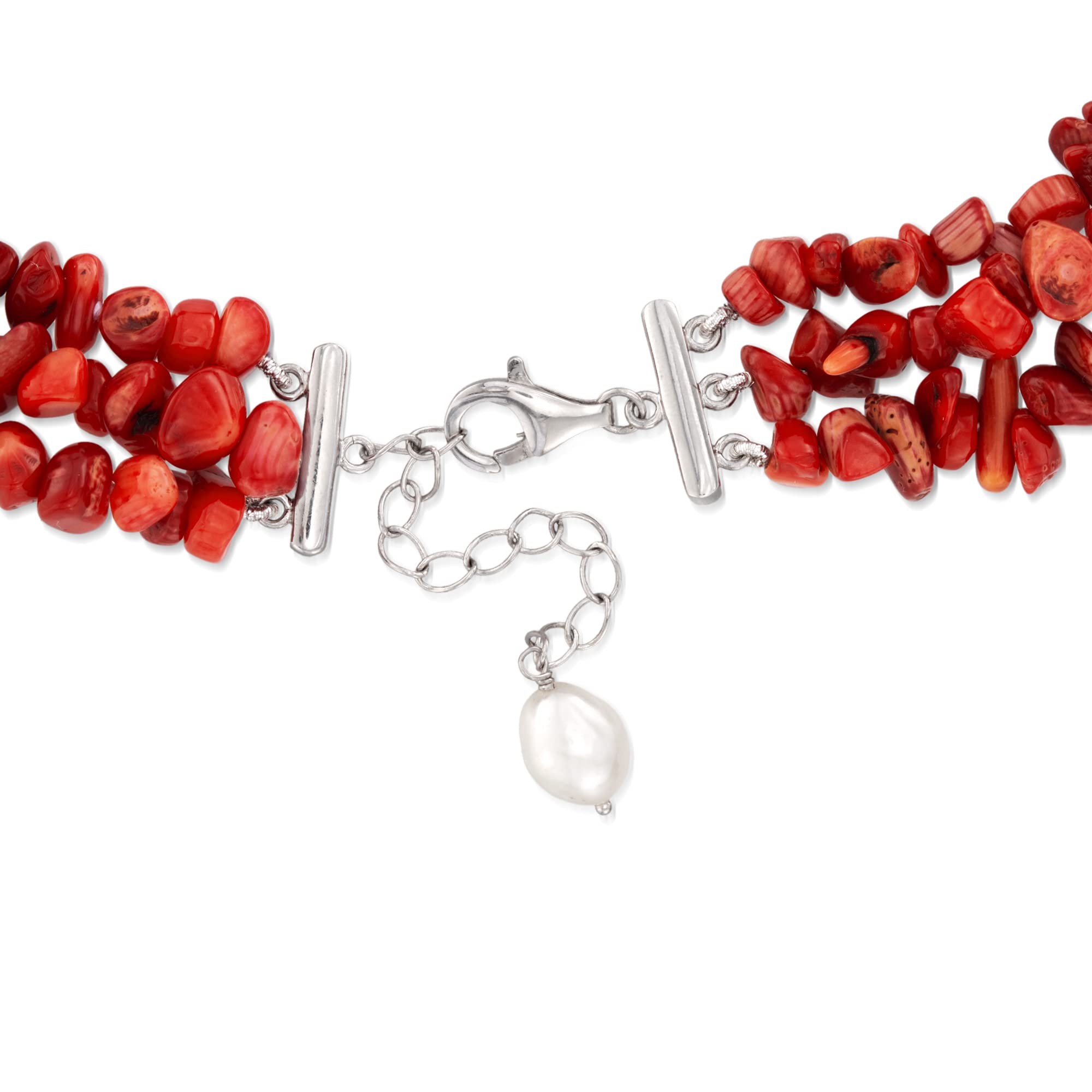 Ross-Simons 4-9mm Red Coral Bead and 7-8mm Cultured Pearl 3-Strand Necklace With Sterling Silver. 17.5 inches