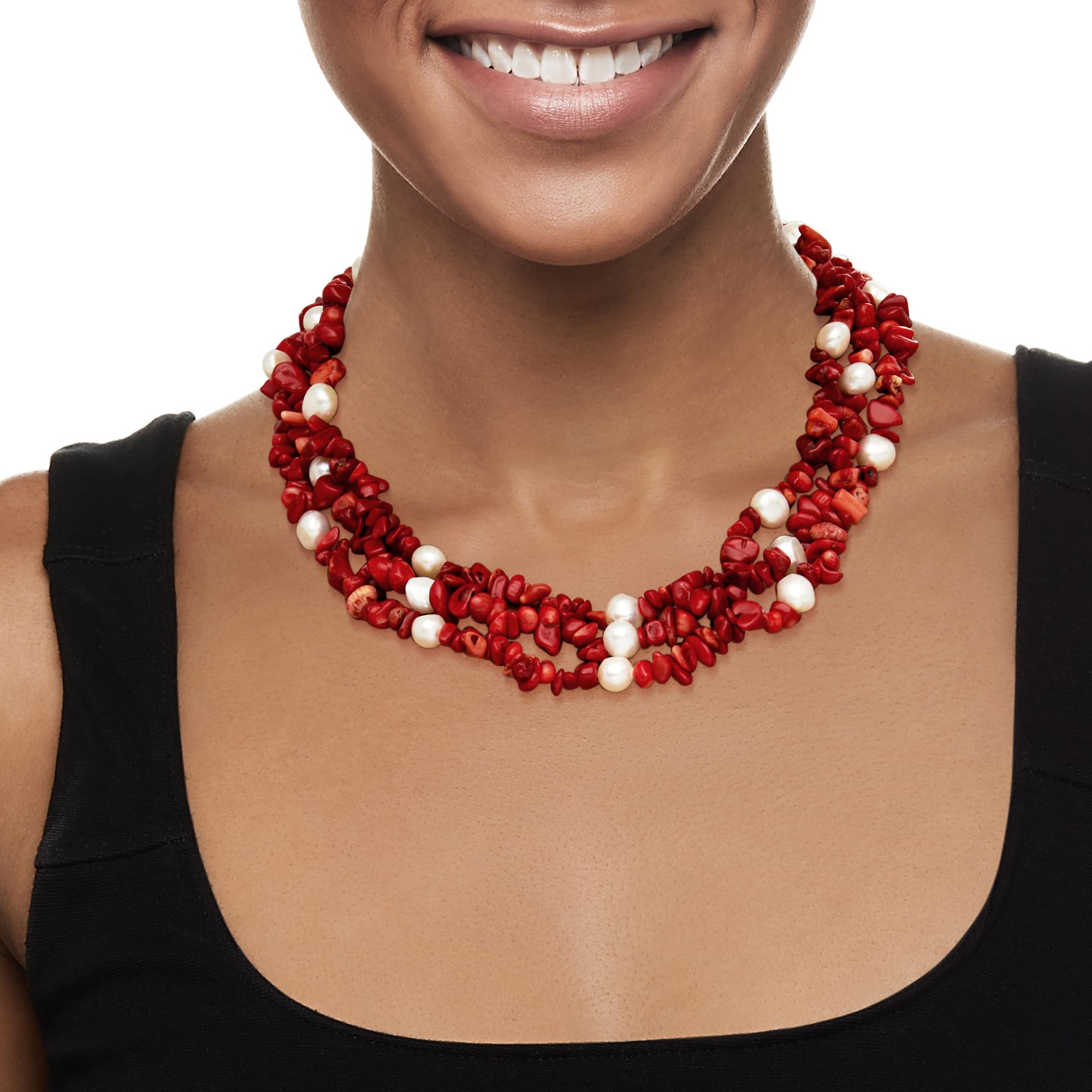 Ross-Simons 4-9mm Red Coral Bead and 7-8mm Cultured Pearl 3-Strand Necklace With Sterling Silver. 17.5 inches