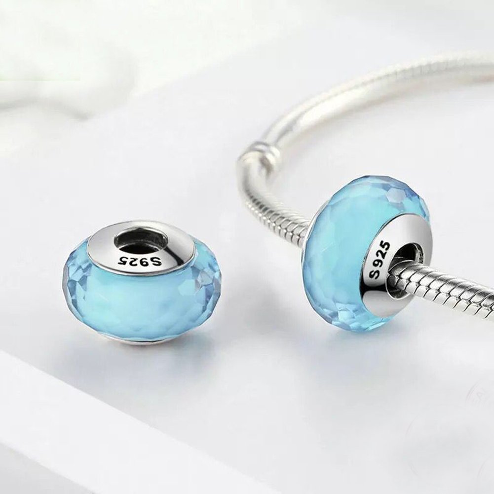 Lampwork Murano Charm 925 Sterling Silver Glass Charm Beads for Fashion Charms Bracelet & Necklace (Light Blue)