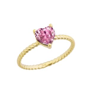 dainty 10k yellow gold heart-shaped october birthstone solitaire rope engagement/promise ring (size 5.5)