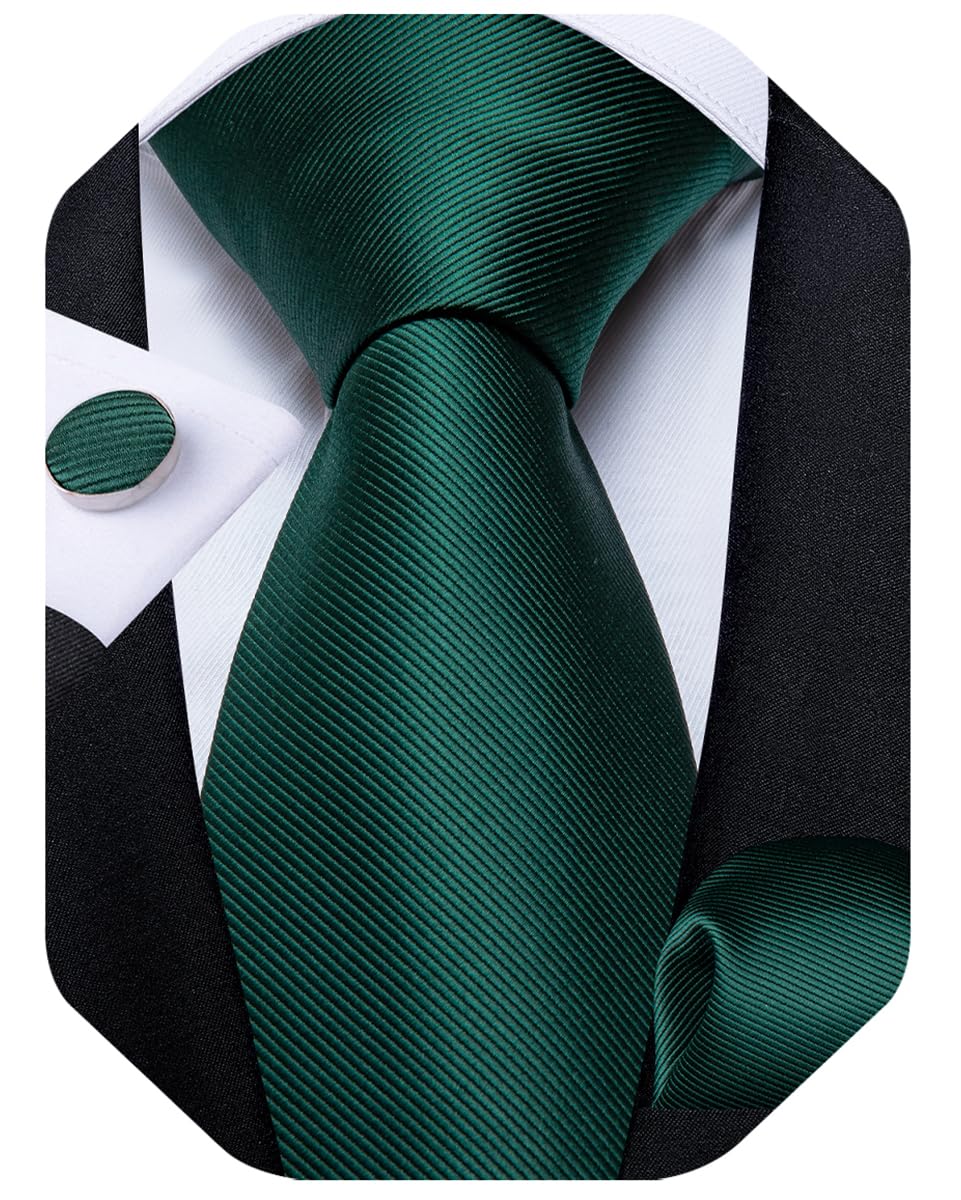 DiBanGu Mens Solid Color Tie and Pocket Square Set Woven Silk Plain Necktie & Handkerchief for Men Wedding Party Formal, Emerald Green