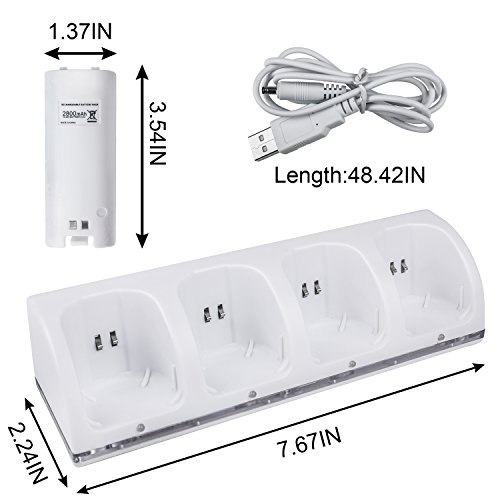 TechKen Charging Station for Wii Controller with 4 Rechargeable Battery Pack, 4 Ports Charger Dock for Wii Controller (Wii Remotes not Included) LED indicats