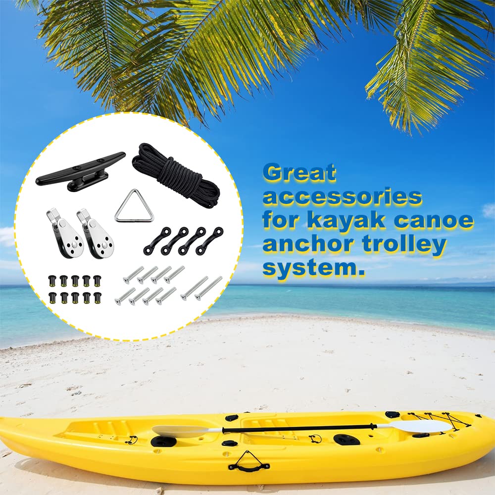 Yetaha Kayak Canoe Anchor Trolley Kit, 30Feet Nylon Rope Cleat Ring Pulleys Snap Hook Camel Back Screw Rivets Accessories for Kayak Canoes Boat