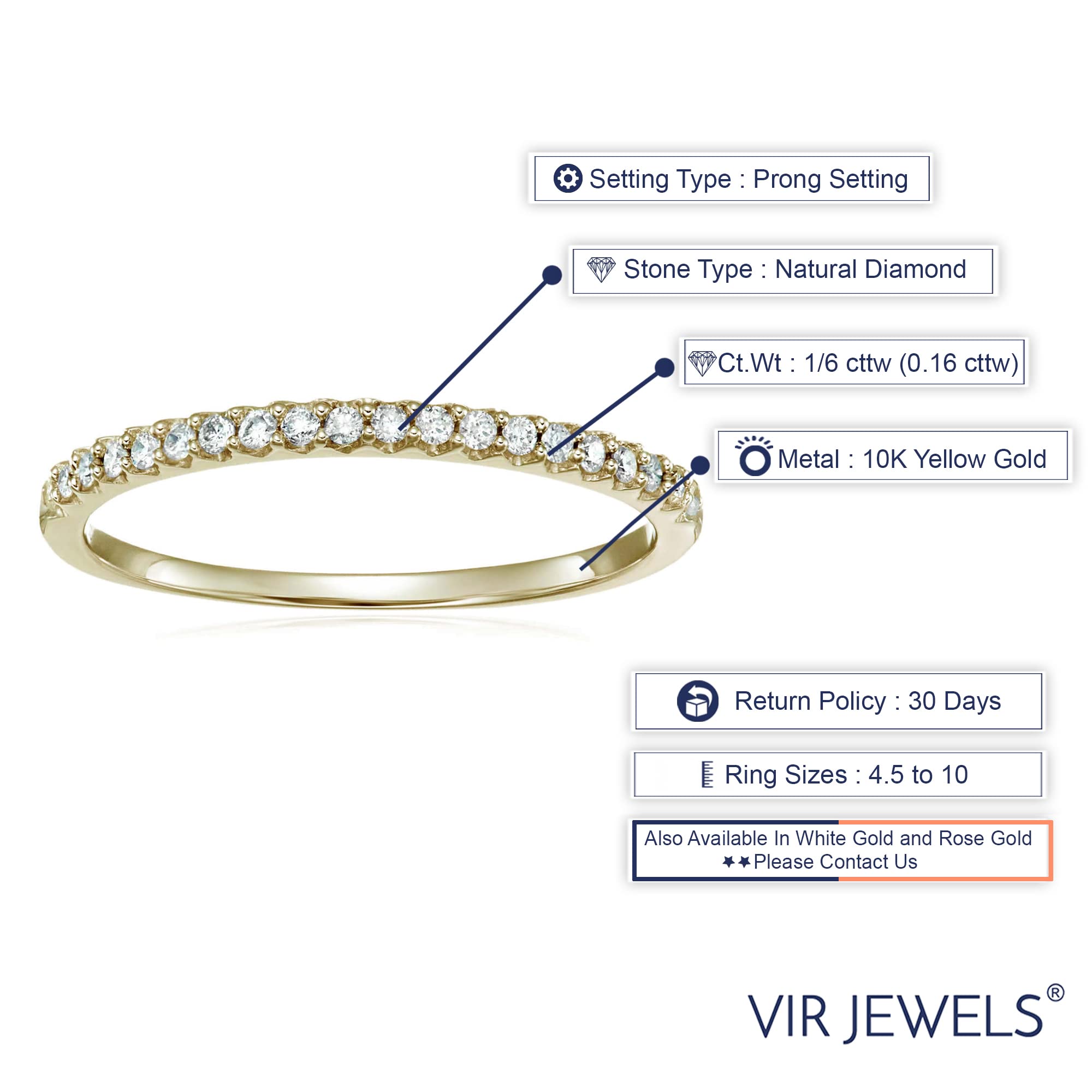 Vir Jewels 1/6 cttw Micro Pave Diamond Wedding Band for Women in 10K Yellow Gold Prong Set, Size 7.5