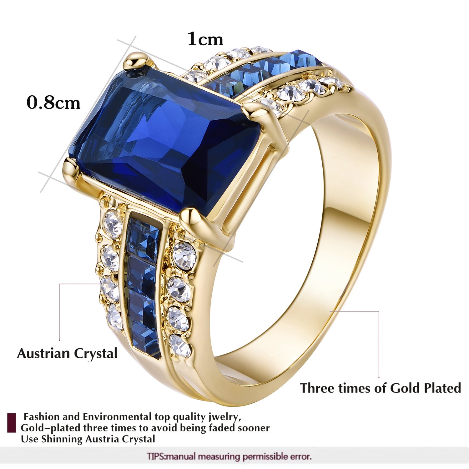 Yoursfs Ring Blue Crystal Gold Plated Stones in Sapphire Crystal Square Shape for Woman Wedding