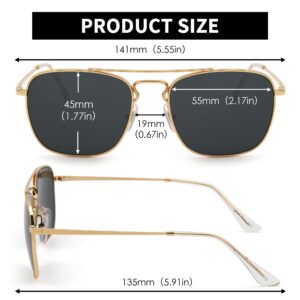 JIM HALO Retro Square Aviator Sunglasses Premium Glass Lens Flat Metal Eyewear Men Women (Gold/Grey)