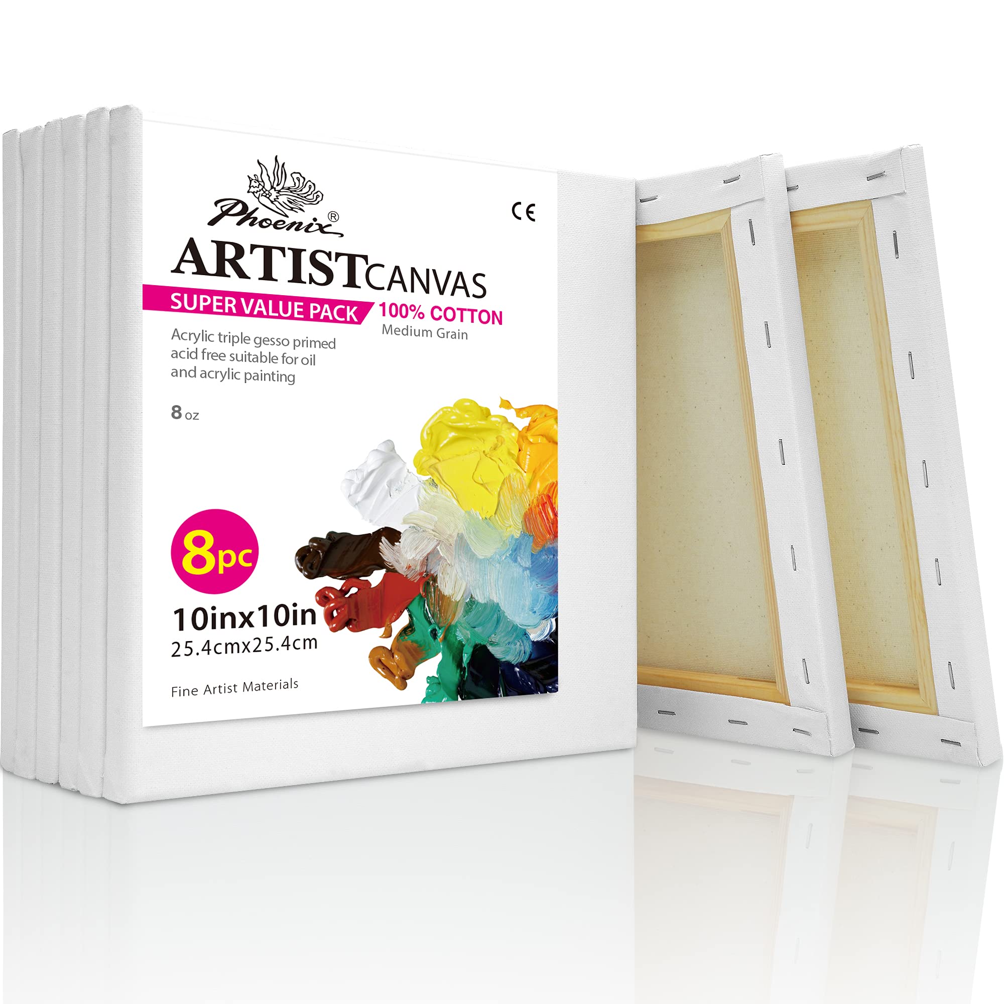 PHOENIX Stretched Canvas for Painting 10x10 Inch/8 Value Pack, 8 Oz Triple Primed 5/8 Inch Profile 100% Cotton White Blank Canvas, Square Framed Canvas for Oil Acrylic & Pouring Art