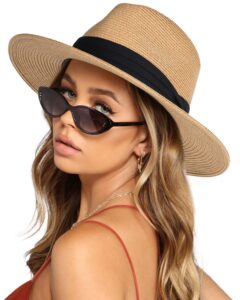 furtalk womens mens wide brim straw panama hat fedora summer beach sun hat upf straw hat for women khaki