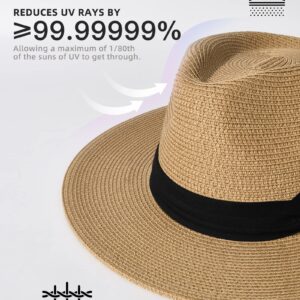 FURTALK Womens Mens Wide Brim Straw Panama Hat Fedora Summer Beach Sun Hat UPF Straw Hat for Women Khaki