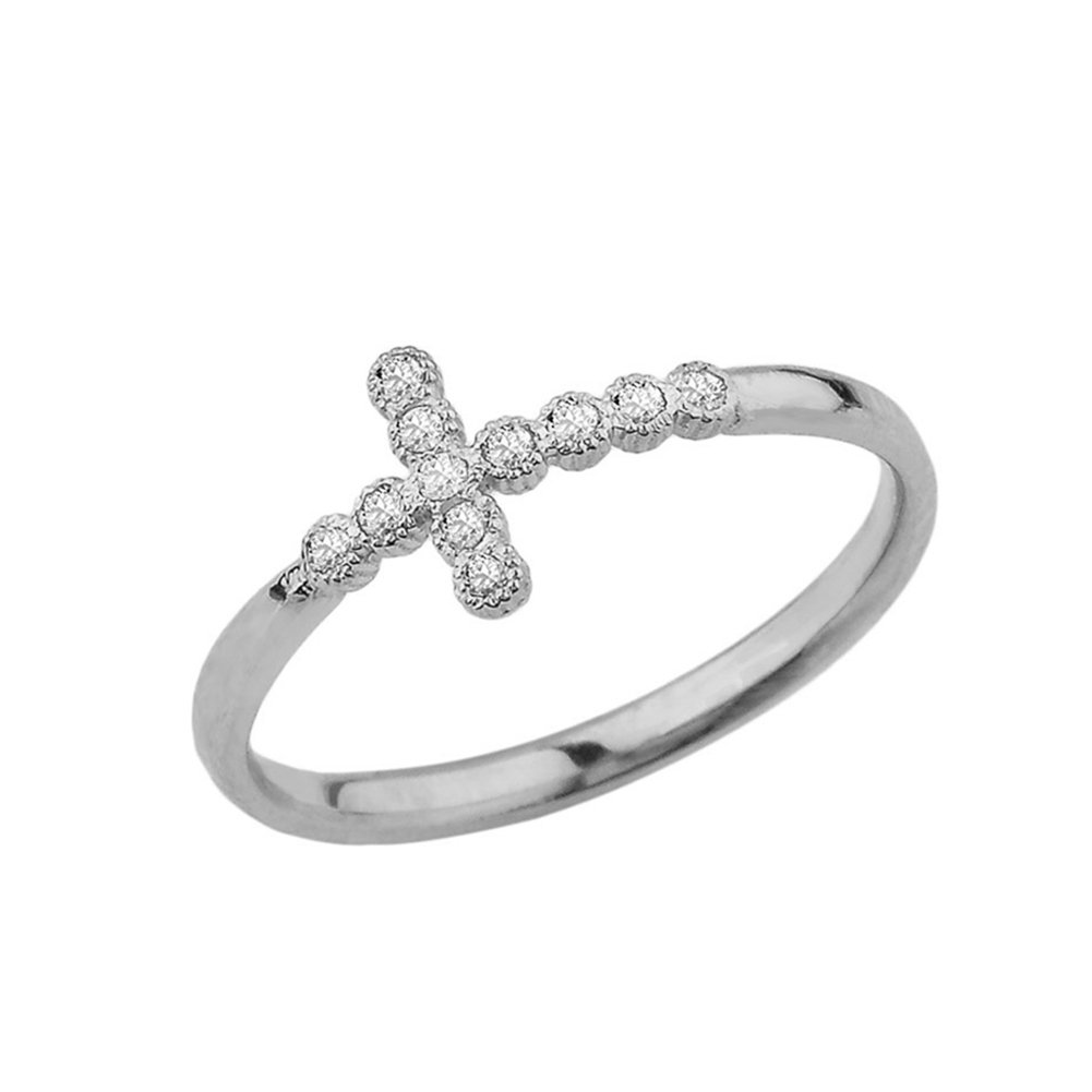 10K White Gold 1/12 Cttw Diamond Milgrain Edged Bezel Set Sideways Cross Statement Ring (J-K Color, I1-I2 Clarity) - Size 4