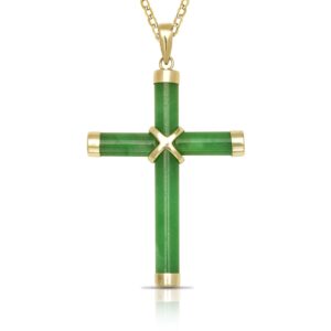 jewelryweb 14k yellow gold dyed green jade cross pendant necklace (20mm x 35mm)(3-lengths) (20-inch-chain)