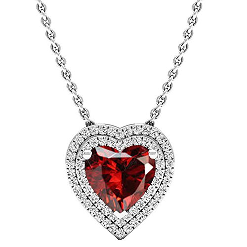 Dazzlingrock Collection 14K 8 MM Heart Garnet & Round Diamond Heart Double Halo Pendant, White Gold