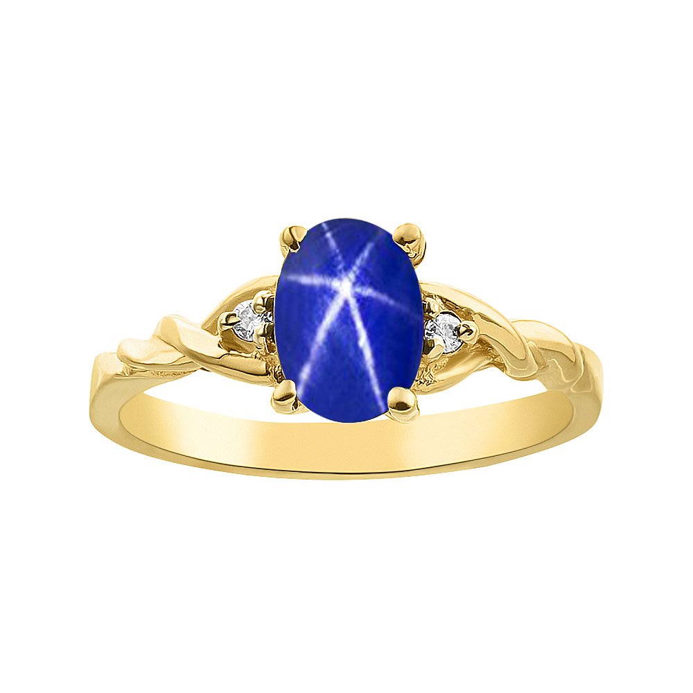 Rylos Diamond & Blue Star Sapphire Ring Set In Yellow Gold Plated Silver Solitaire