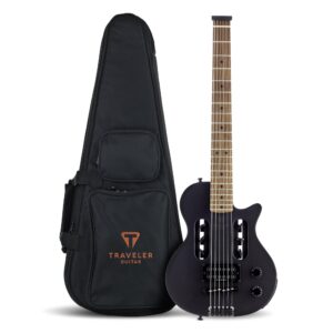 traveler guitar eg-1 blackout matte black electric guitar | small electric guitar with headphone amp | full 24 3/4" scale travel guitar | portable mini guitar | headless guitar with custom gig bag