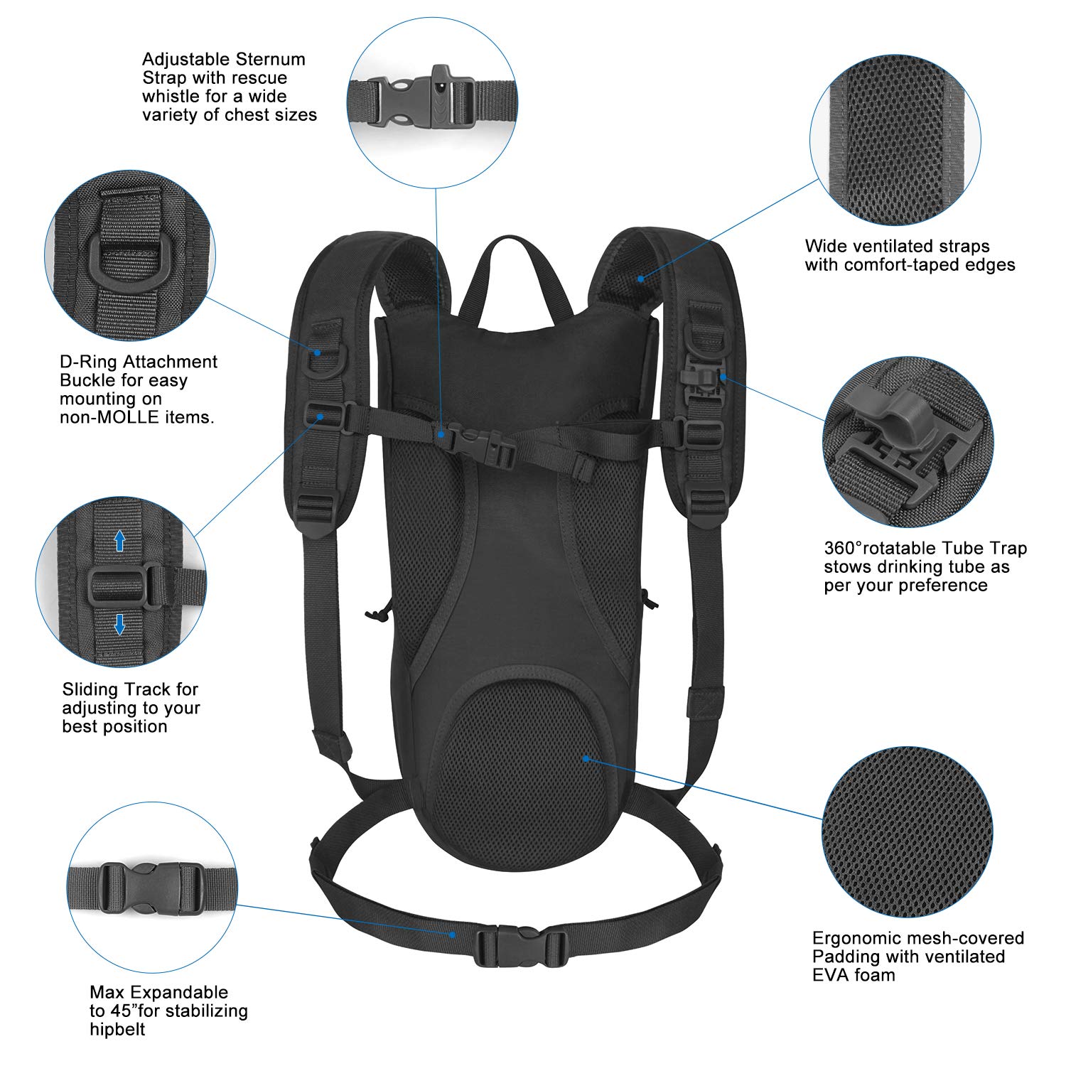 Unigear Tactical Hydration Pack Backpack 900D with 2.5L Bladder for Hiking, Biking, Running, Walking and Climbing (Black)