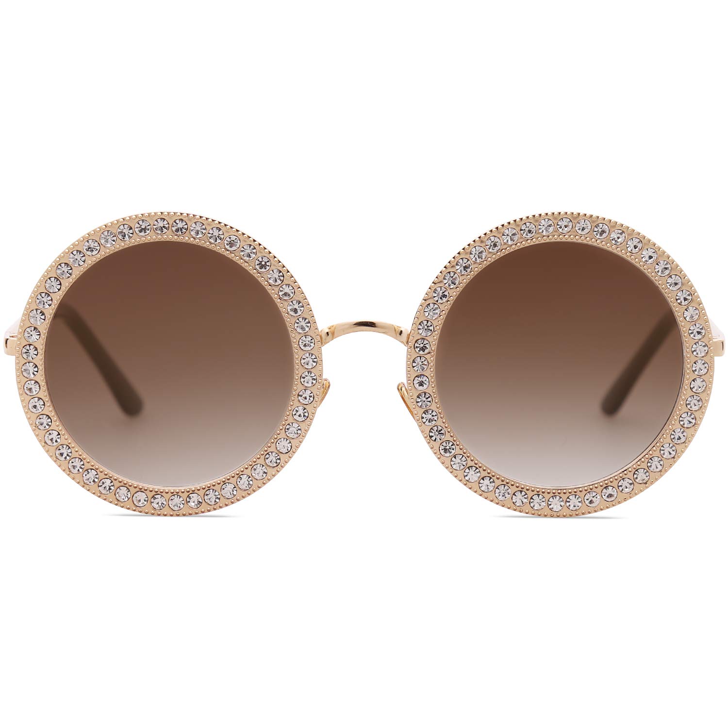 SOJOS Shining Oversized Round Rhinestone Sunglasses Festival Gem Sunnies SJ1095 with Gold Frame/Gradient Brown Lens with Crystal Diamonds