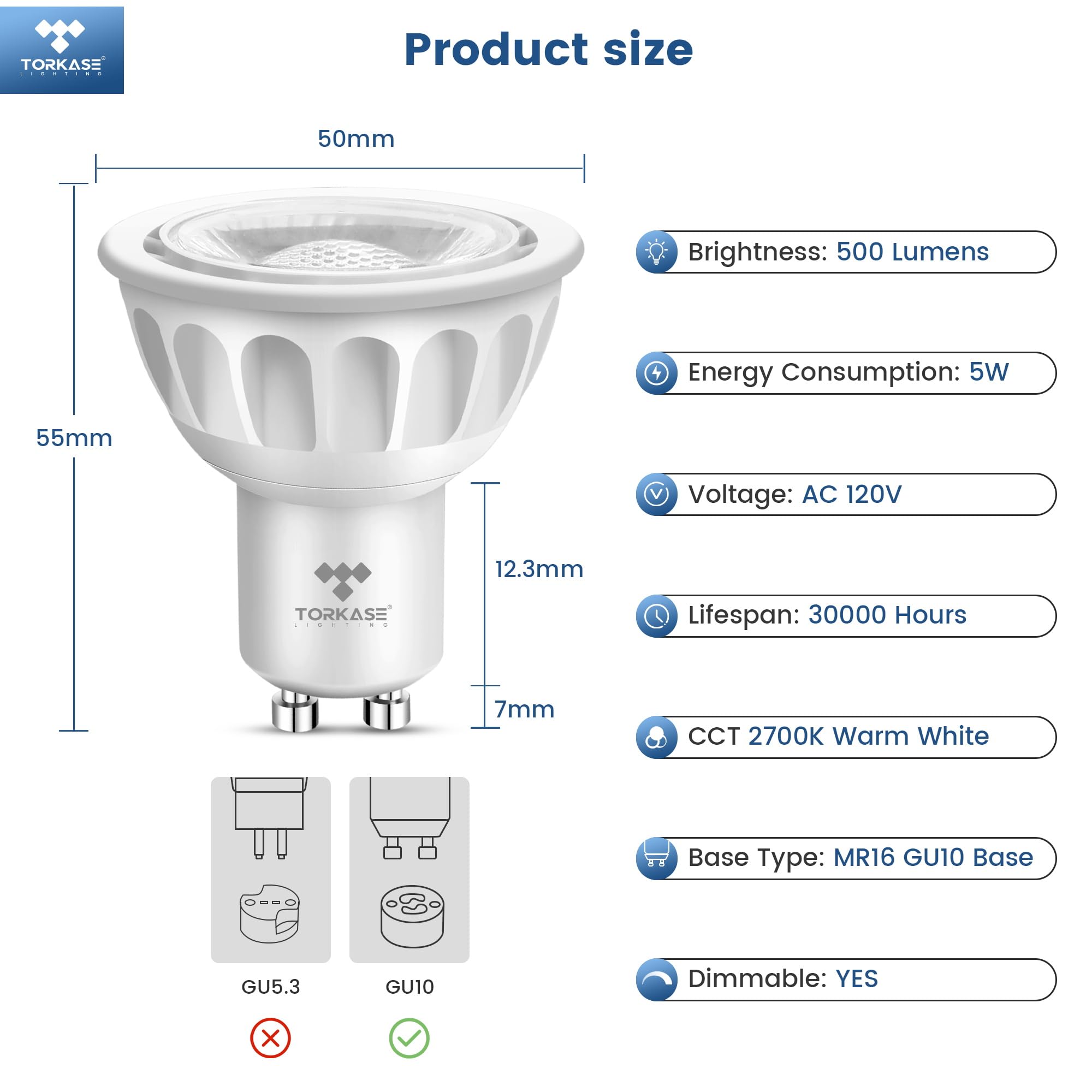 Torkase GU10 LED Bulb, Dimmable GU10 MR16 LED Bulbs 2700K Warm White, 120V 500LM Track Light Bulbs 5W 50W Equivalent, 90% Energy Saving, 40 Degree, LED Replacement for Recessed Lighting, 6 Pack