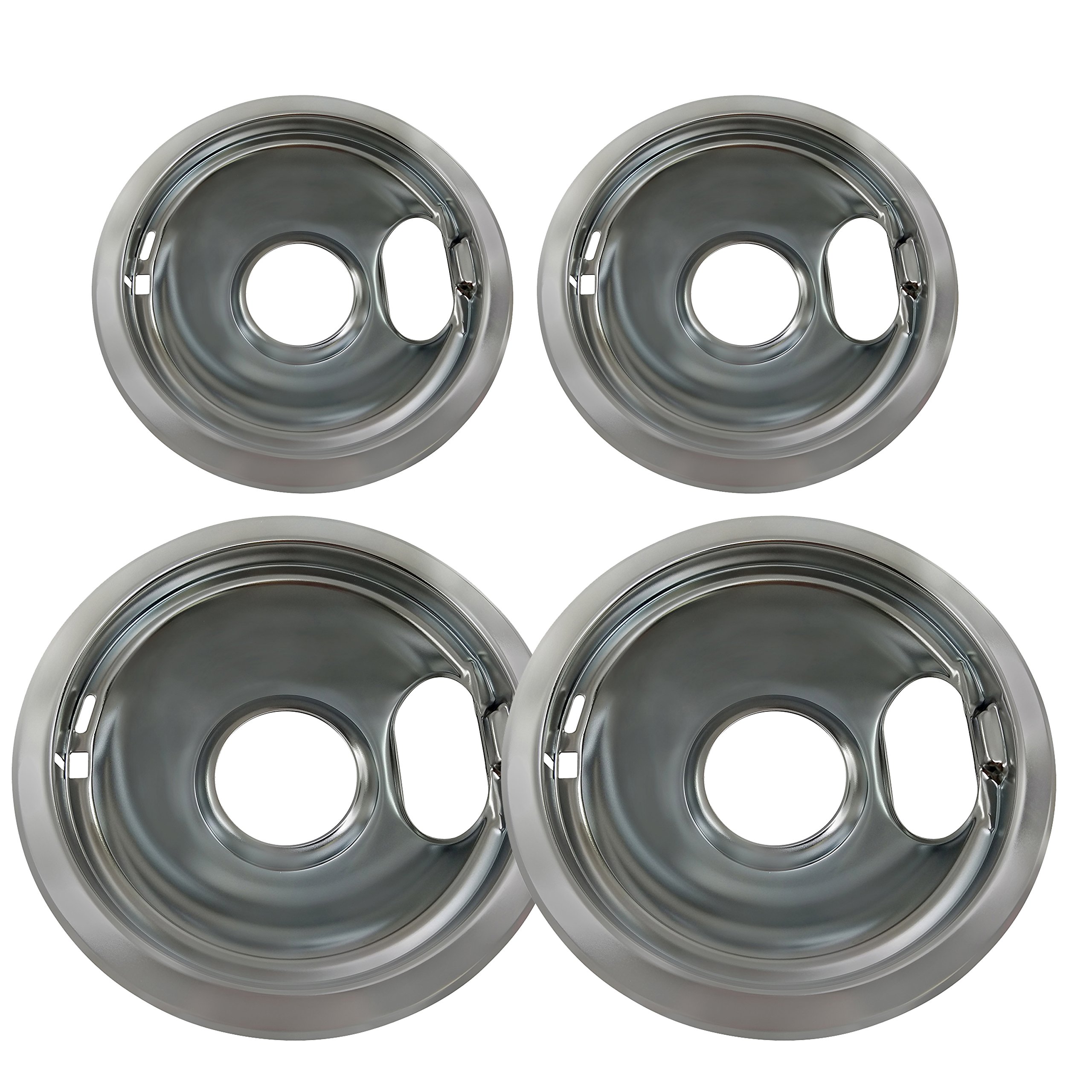 KITCHEN BASICS 101 Made in the USA 4 Pack (2) 6" & (2) 8" Replacement Chrome Drip Pans for Whirlpool W10278125 W10196405 W10196406