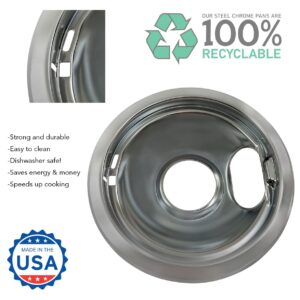 KITCHEN BASICS 101 Made in the USA 4 Pack (2) 6" & (2) 8" Replacement Chrome Drip Pans for Whirlpool W10278125 W10196405 W10196406