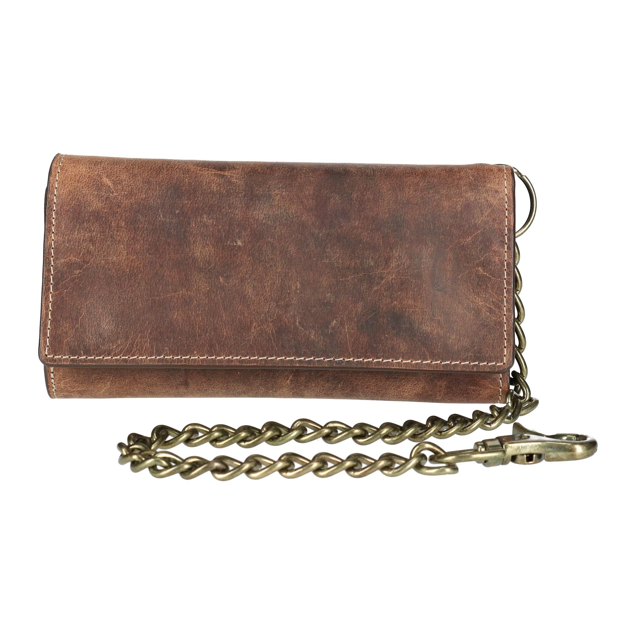 CTM® Men's Crazy Horse Leather RFID Long Trifold Chain Wallet, Brown