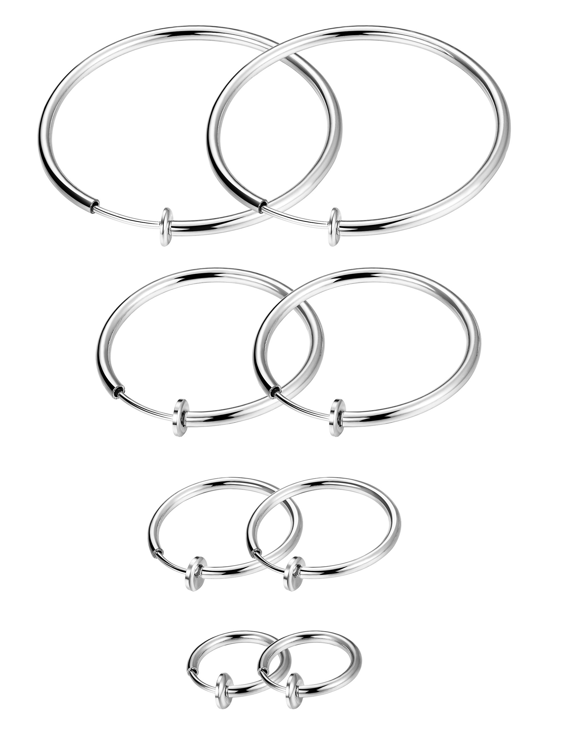 Keklle Stainless Steel 4 Pairs Clip On Hoop Earrings for Women Men Non Pierced Earrings (A:Silver-Tone)