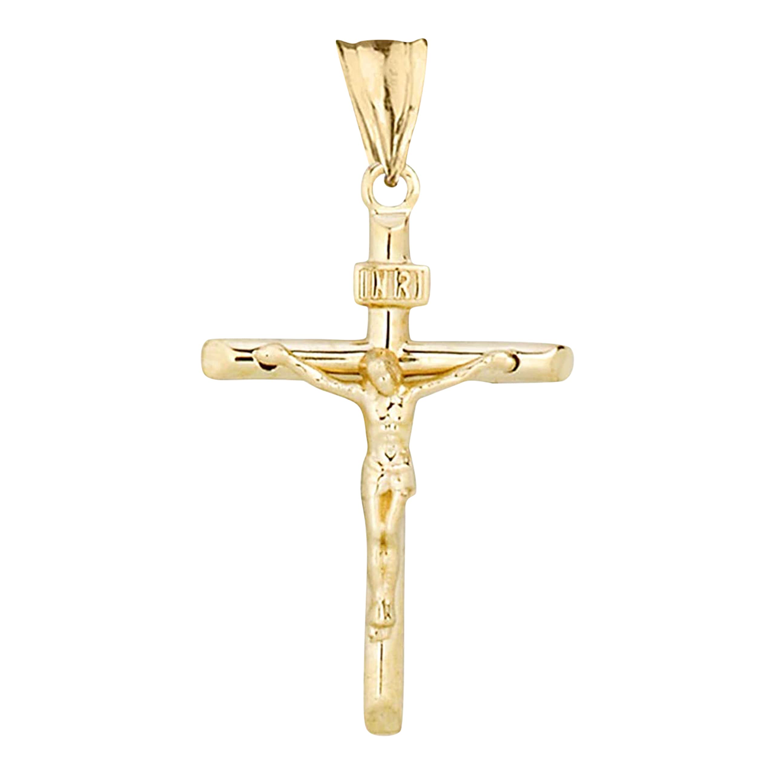 14K Yellow Gold 9/10" Christian Catholic Jesus Christ on INRI Cross Crucifix Pendant Charm