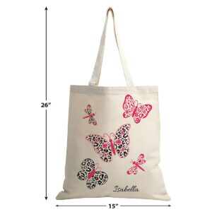 Lillian Vernon Personalized Canvas Tote - Fun Leopard Print Butterfly Design, 100% Cotton Fabric, Custom Printed, 15 inch x 16 inch, Cute Bags for Kids