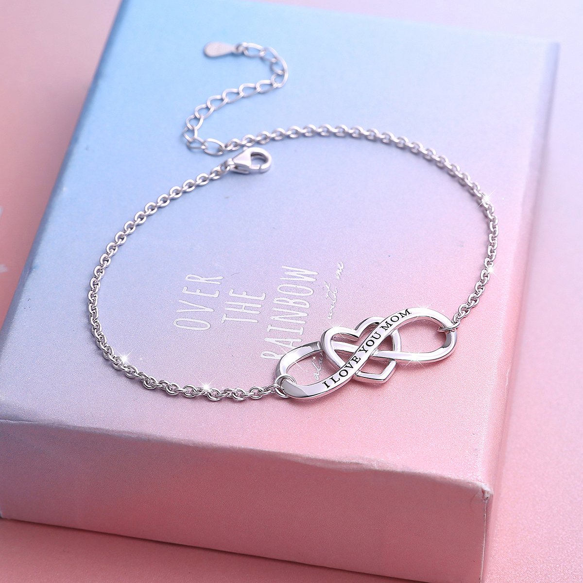 DAOCHONG I Love You Mom S925 Sterling Silver Heart Infinity Bracelet for Mother Mama Mommy Mum Mama Birthday Jewelry