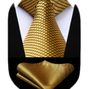 HISDERN Gold Ties for Men Yellow Gold Tie Pocket Square Set Classic Gold Mens Ties Silk Woven Necktie Handkerchief Formal Business Neckties Party