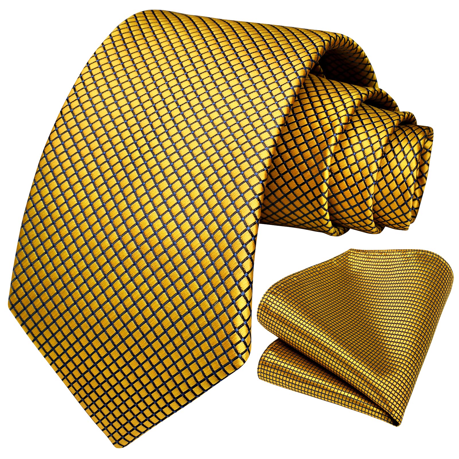 HISDERN Gold Ties for Men Yellow Gold Tie Pocket Square Set Classic Gold Mens Ties Silk Woven Necktie Handkerchief Formal Business Neckties Party