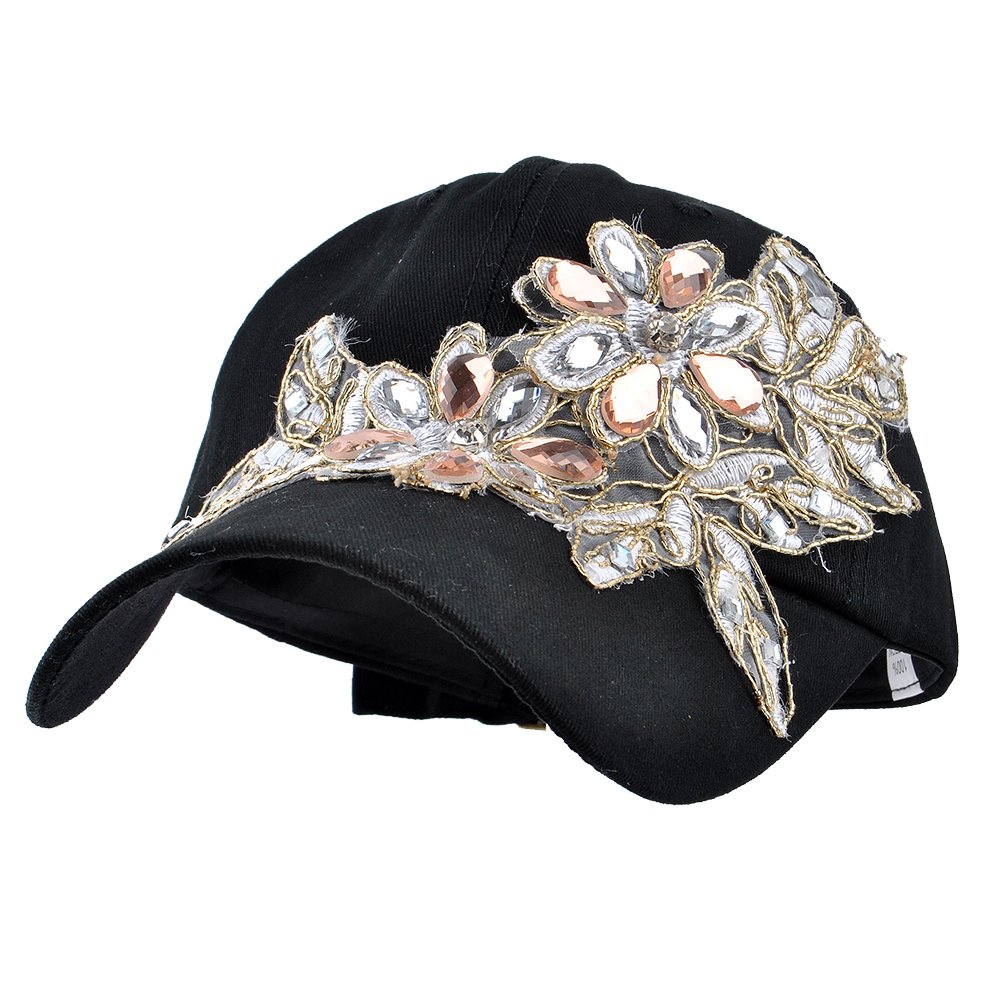 Elonmo Lace Flower Bling Rhinestone Hat, Womens Baseball Cap with Crystal Rhinestone Golf Sun Hats Jeans Wash Denim Adjustable (Flower-Black)