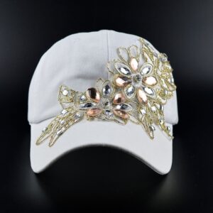 Elonmo Cute Big Flowers Womens Baseball Cap Jewel Rhinestone Bling Hats Jeans Wash Denim Adjustable Gift for Her (Flower-White)