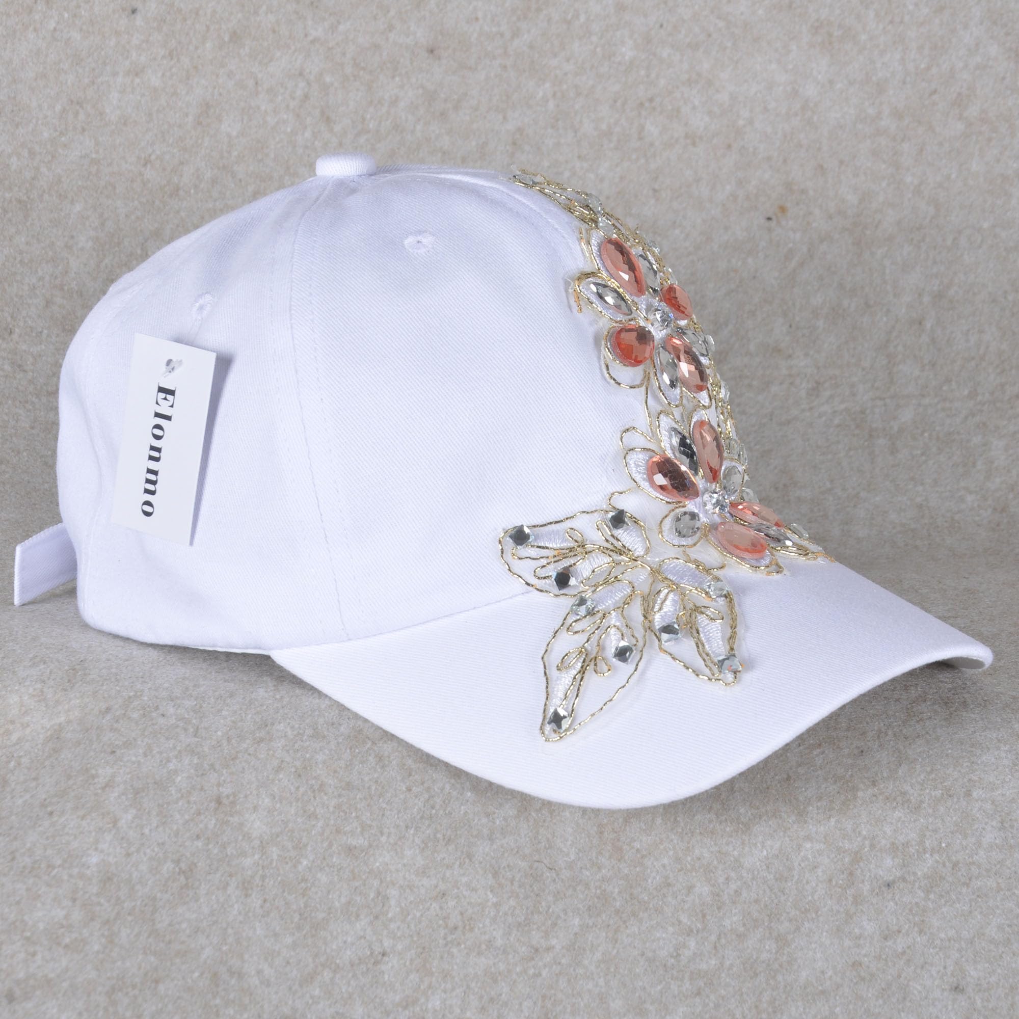 Elonmo Cute Big Flowers Womens Baseball Cap Jewel Rhinestone Bling Hats Jeans Wash Denim Adjustable Gift for Her (Flower-White)