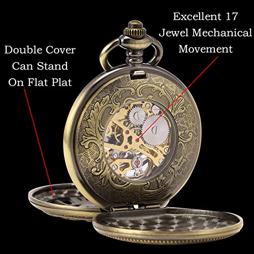 SIBOSUN Pocket Watch Skeleton Mechanical Double Case Hand-Wind Bronze Roman Numerals Antique Chain Mens