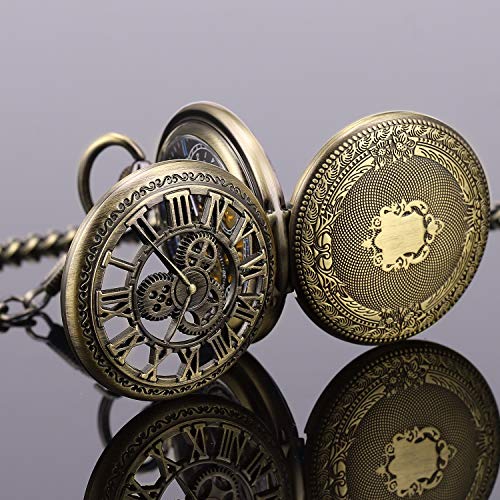 SIBOSUN Pocket Watch Skeleton Mechanical Double Case Hand-Wind Bronze Roman Numerals Antique Chain Mens