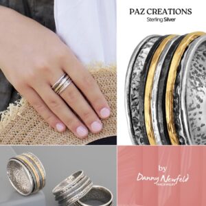 Paz Creations 925 Sterling Silver Spinner Rings for Women and Men - Hammered Pattern Thick Band Meditation Ring - Handcrafted Artisan Jewelry - Fidget Rings - Gift-Ready - 14K Yellow Gold Size 7