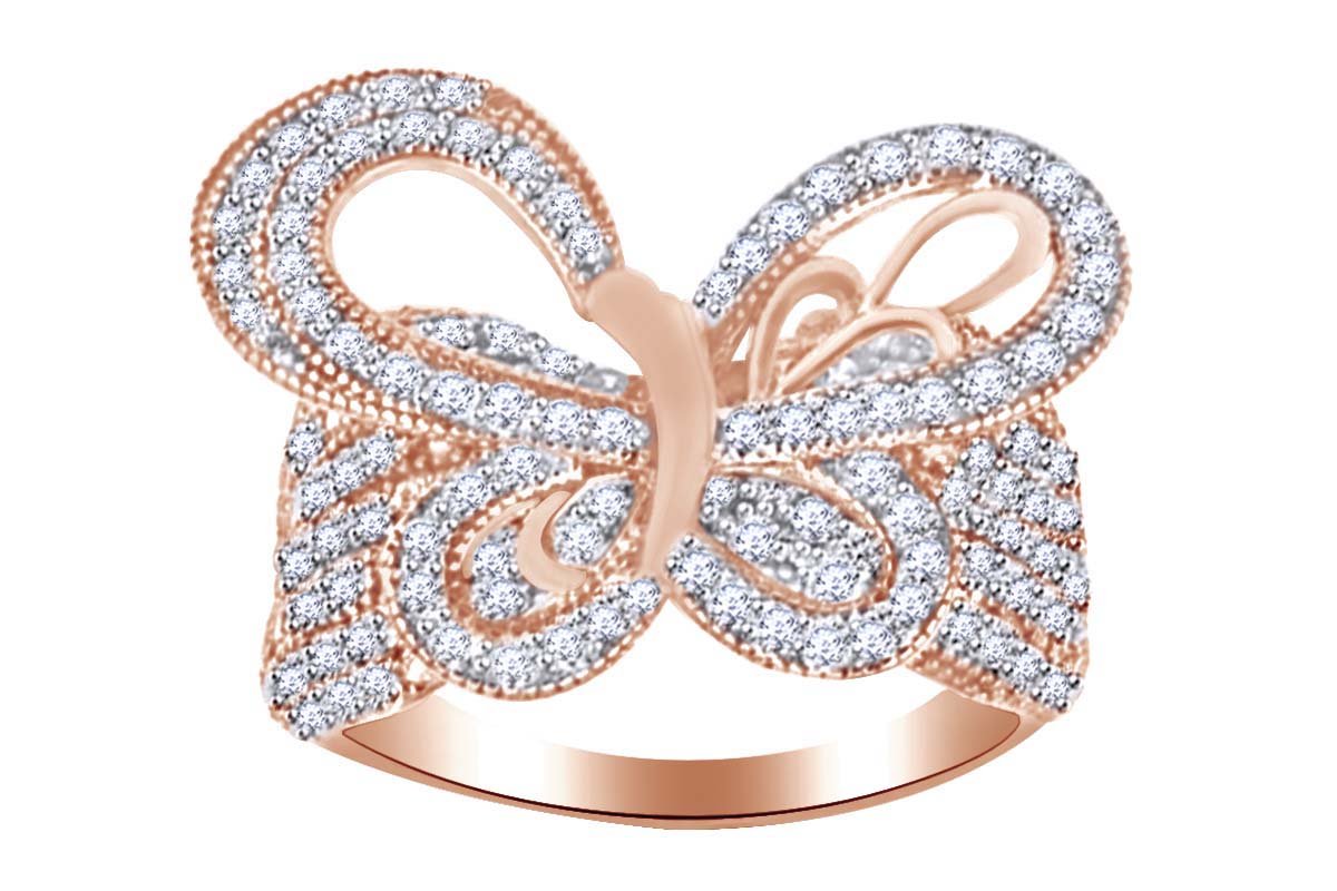 AFFY Round Cut White Cubic Zirconia Butterfly Fashion Ring in 14k Rose Gold Over Sterling Silver (2.19 Cttw) Ring Size-7